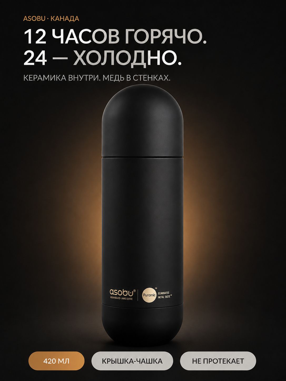 Термобутылка Asobu модель "Сфера" на 420 мл с керамическим покрытием, герметичный, медная термоизоляция сохраняет тепло до 12ч, холод - до 24ч, цвет черный
