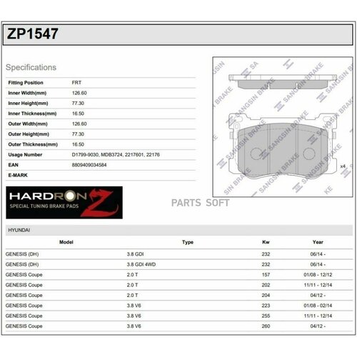 SANGSIN BRAKE ZP1547 Коодки тормозные дисковые Серия HARDRON 19750₽