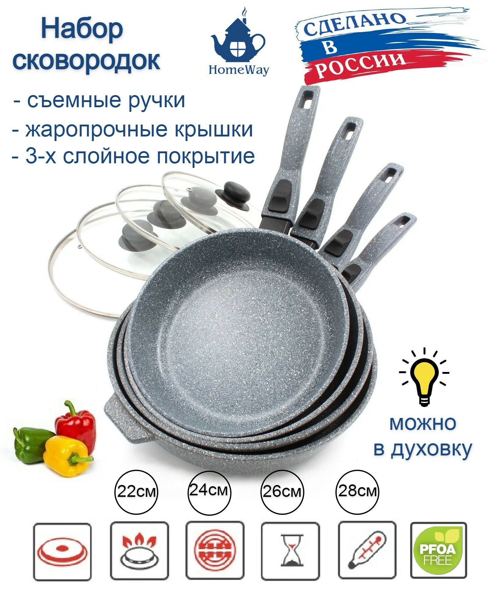 Набор сковородок с крышками керамическое антипригарное покрытие 4шт.(22см/24см/26см/28см) съемные ручки Макси+ комплект. HomeWay