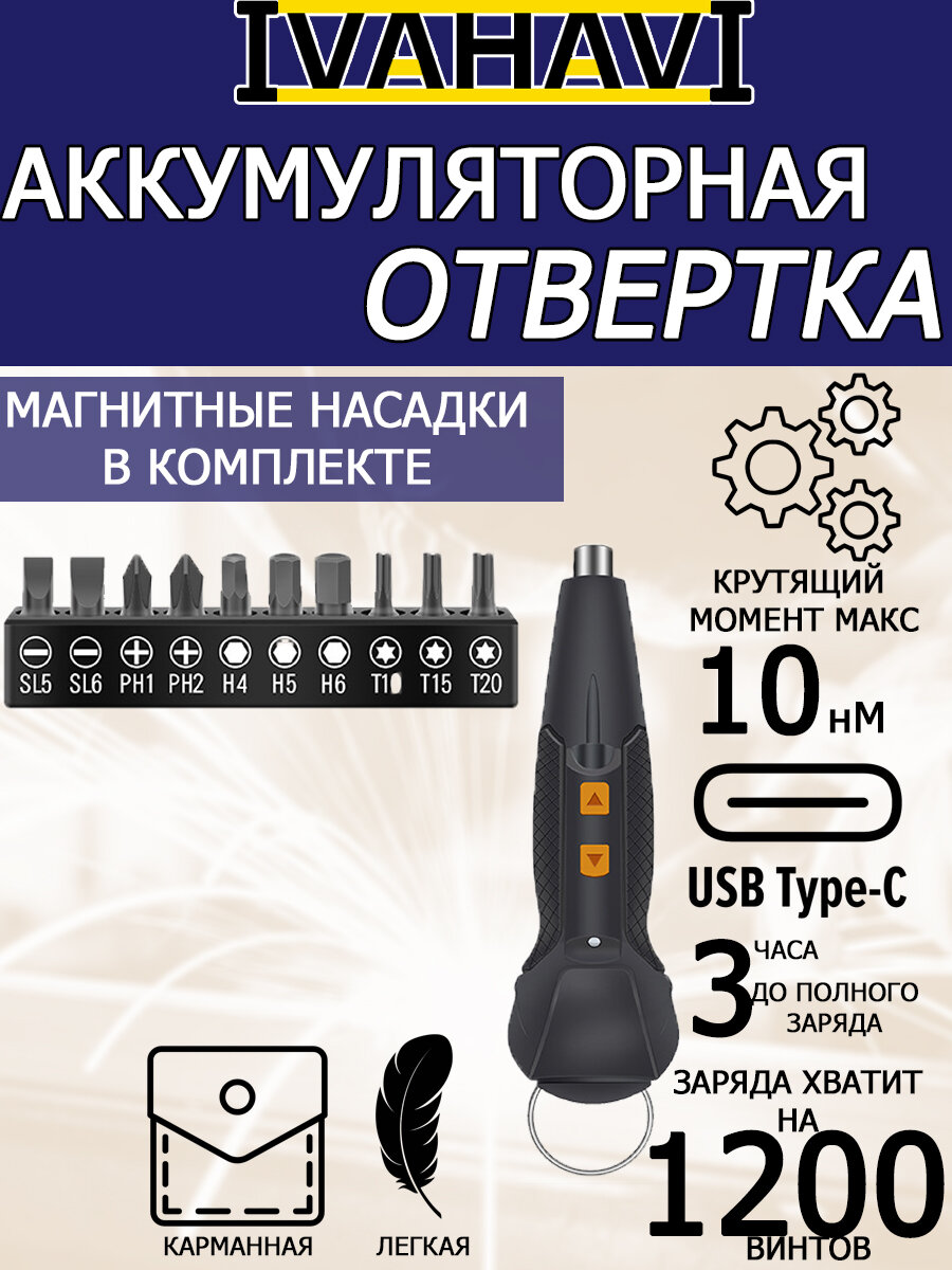 Аккумуляторная отвертка IVAHAVI 900 mAh 12 насадок