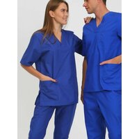 Костюм состоит из блузы и брюк. Блуза прямого покроя с V-образным вырезом горловины. На полочке один  ...