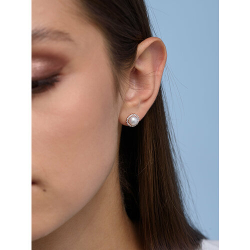 Серьги пусеты Zlato, красное золото, 585 проба, родирование, жемчуг, фианит, размер 9 мм, длина 1.7 см, , золотой