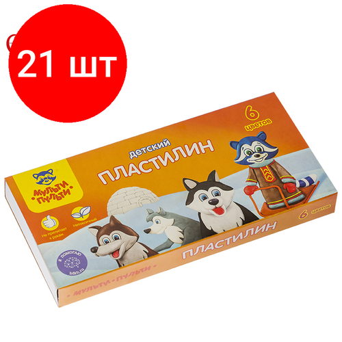 Комплект 21 шт, Пластилин Мульти-Пульти Енот на Аляске, 06 цветов, 90г, со стеком, картон