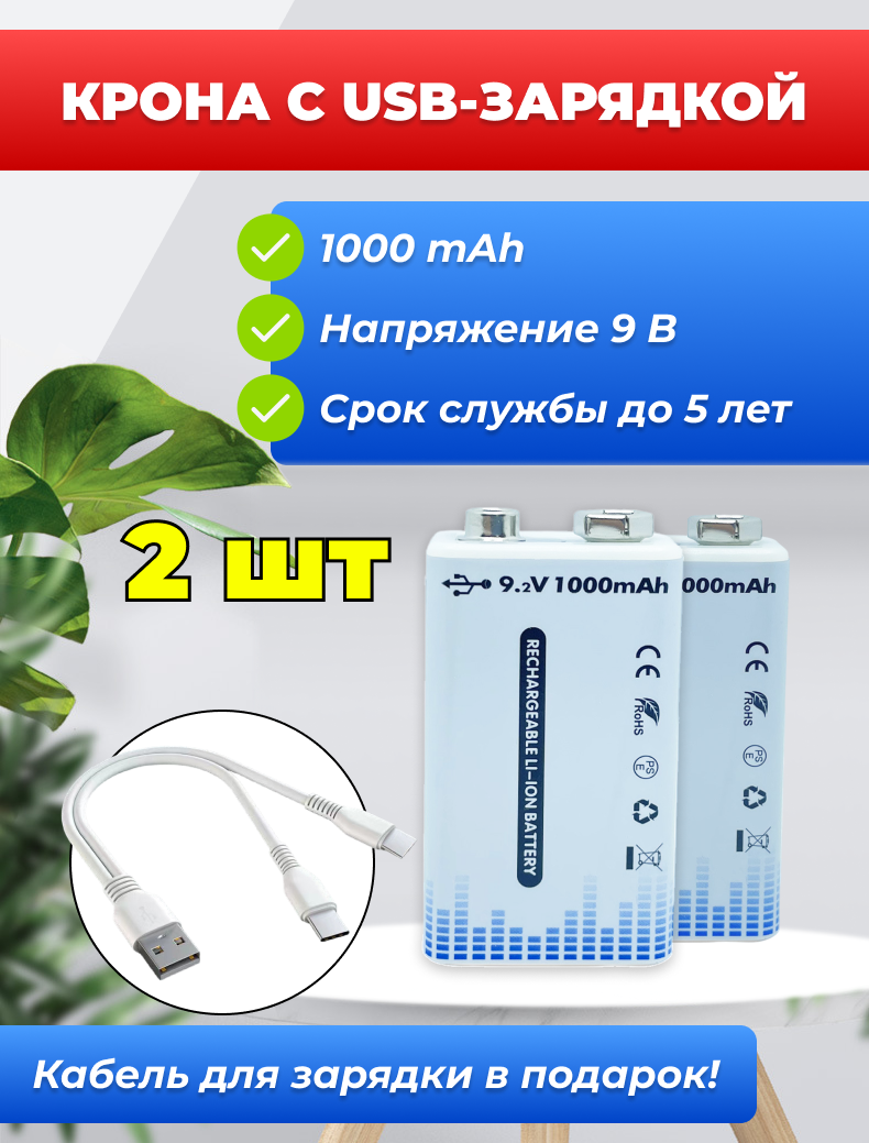 Крона Аккумулятор с USB-зарядкой, 1000mAh 9В, 2 шт