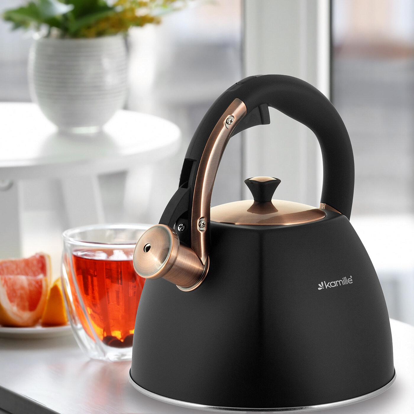 фото Чайник 3 л. из нержавеющей стали со свистком Kamille KM 0864 (3 л. / черный)