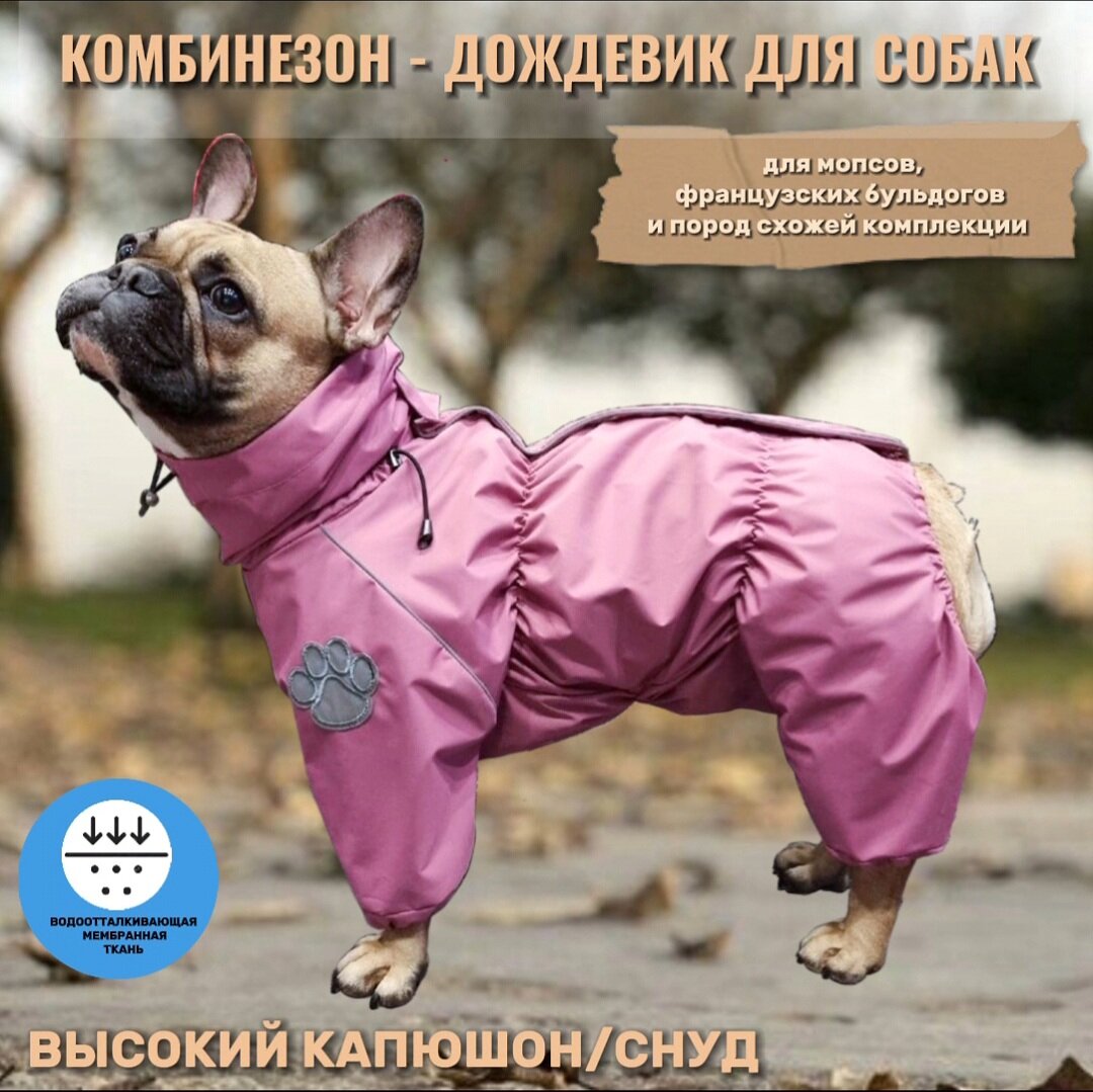 Комбинезон-дождевик с высоким воротом/снуд для собак: французских бульдогов, мопсов, ФР-1(38см), розовый