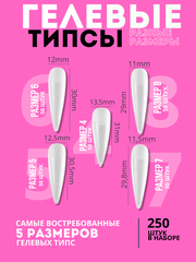 LYC - гелевые типсы, 250 штук, форма ногтей - заостренная, цвет - бесцветный, прозрачный