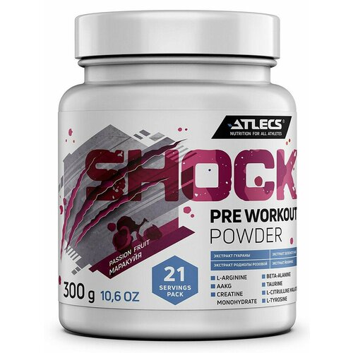 предтренировочный комплекс popeye pre workout 250g экзотические фрукты Atlecs Shock Pre Workout, 300 g (маракуйя)