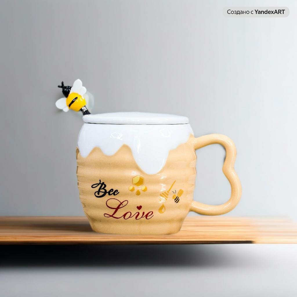 Кружка с крышкой Медовая 400 мл Эврика (N 1) чашка с ложкой женская, подарочная, чайная, кофейная "Мёд / Honey" 14 февраля, 8 марта
