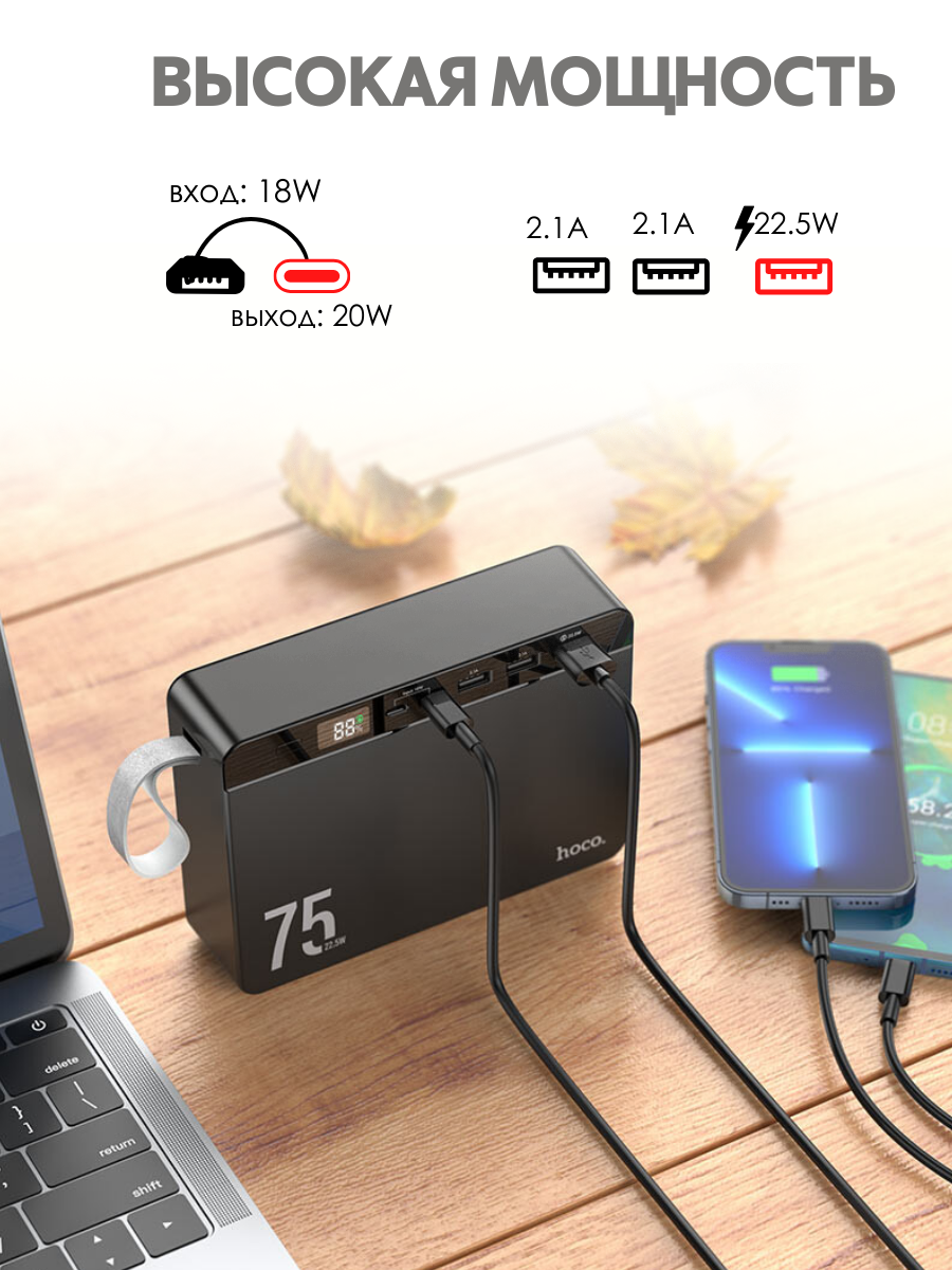 Внешний аккумулятор, зарядное устройство 75000 mAh (3 USB-A, Type-C, Micro)/ Hoco J94 large capacity digital display Power Bank 75000 mAh 22.5W — фото 1