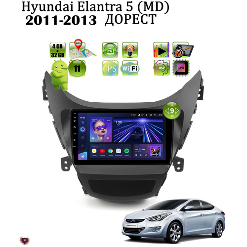 Автомагнитола для Hyundai Elantra 5 (MD)(2011-2013) дорест, 4/32 GB, Android 11, Wi-Fi, Bluetooth, GPS, IPS экран, сенсорные кнопки, поддержка кнопок на руле