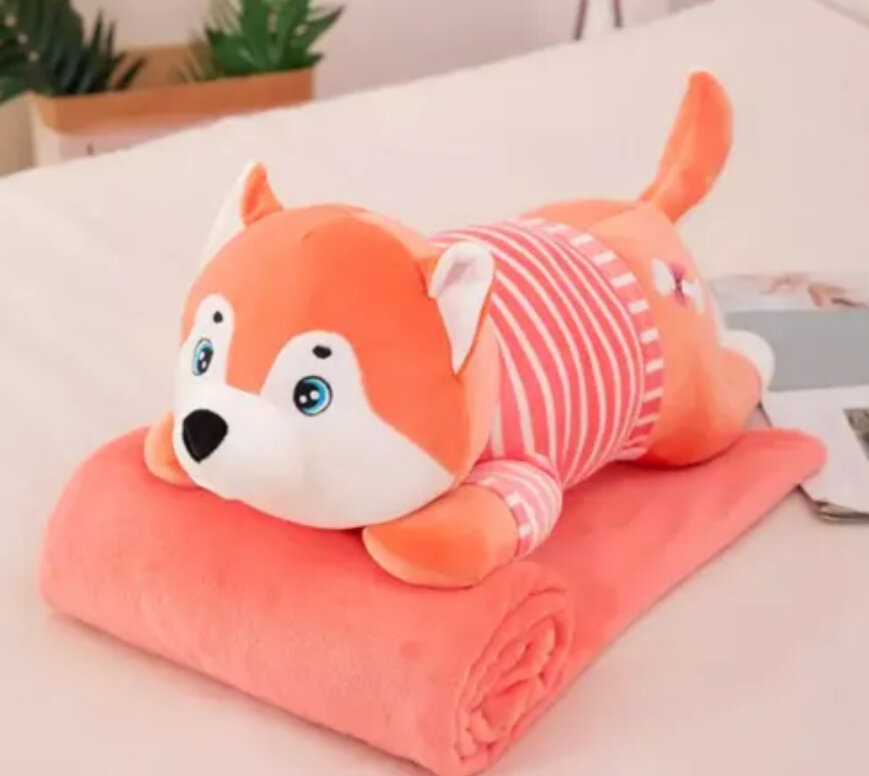 Мягкая игрушка-подушка с пледом "Собака Хаски", розовый