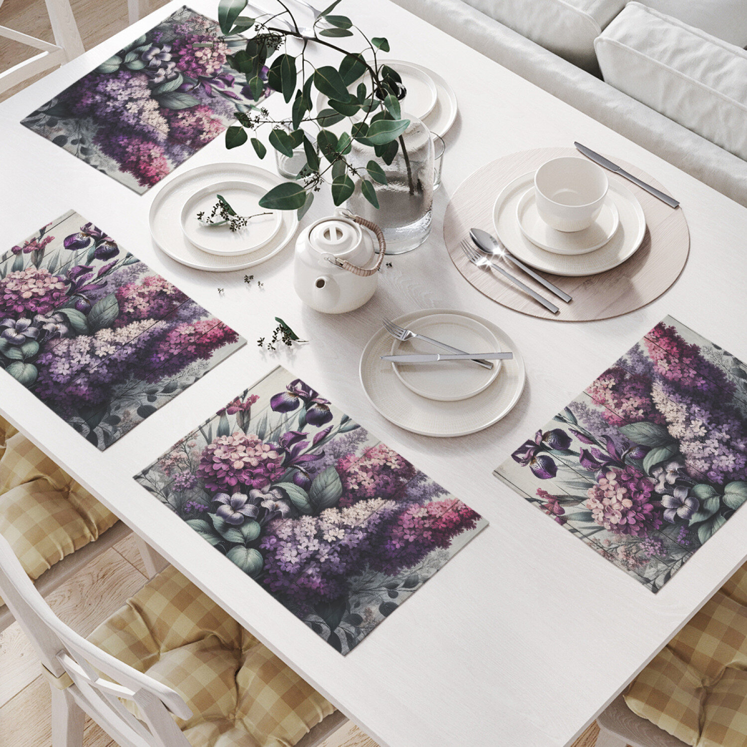 фото Салфетки на стол для сервировки прямоугольные, плейсмат "Сирень на досках" JoyArty, 32x46 см, в комплекте 4шт.