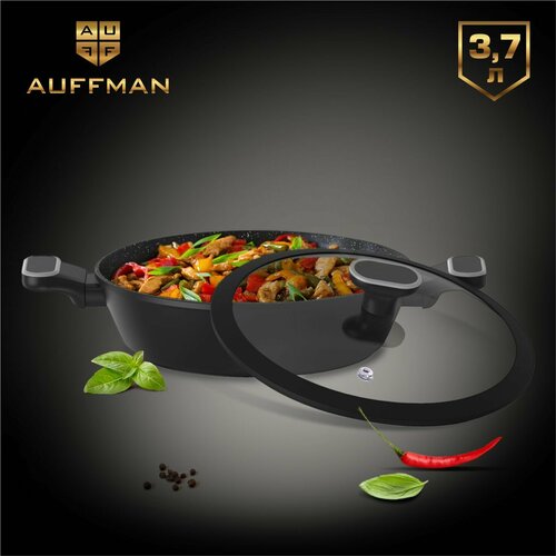 Жаровня алюминиевая AUFFMAN с крышкой 28 см с мраморным покрытием ручки soft-touch 3,7 литра для всех видов плит включая индукцию