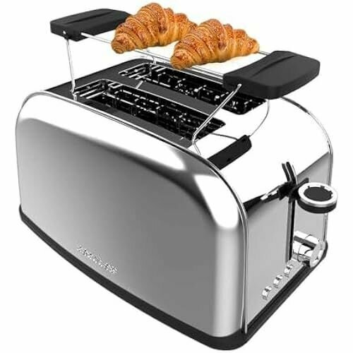 Вертикальный тостер Cecotec Toastin' time 850 Inox, 850 Вт, двойная длинная и широкая прорези 3,8 см, верхние перекладины, нержавеющая сталь, функция автоматического отключения и подъема, поддон для крошек