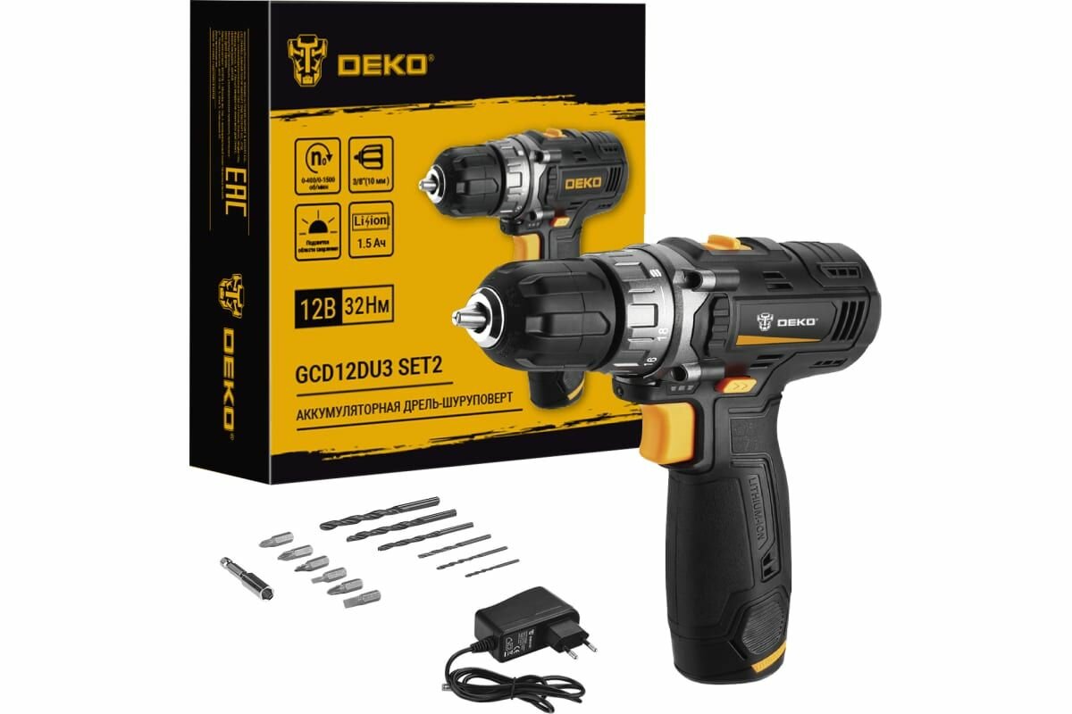 Аккумуляторная дрель-шуруповерт DEKO GCD12DU3 SET2 FU-Li-Ion + оснастка 13 шт, 12 В, 1х1.5 Ач, з/у 063-4146