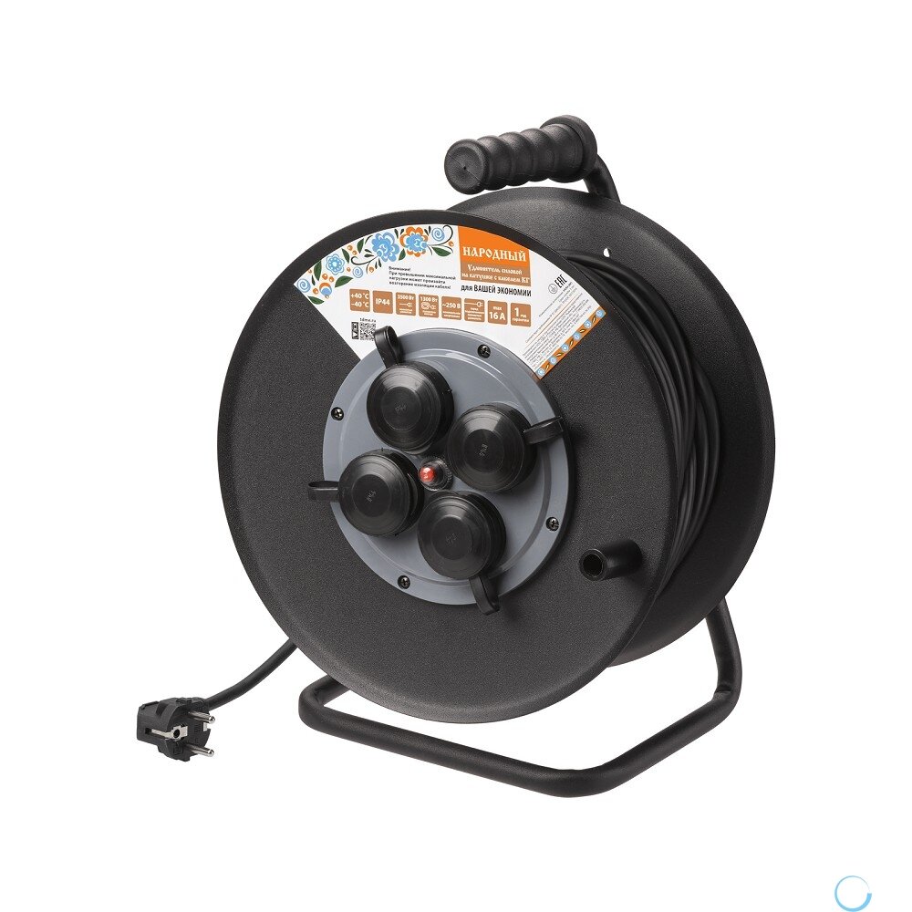 фото TDM SQ1307-0162 Удлинитель силовой УХз16-004 (метал. катушка, А3, 4 места IP44/50 м КГ 3500 Вт) Народный