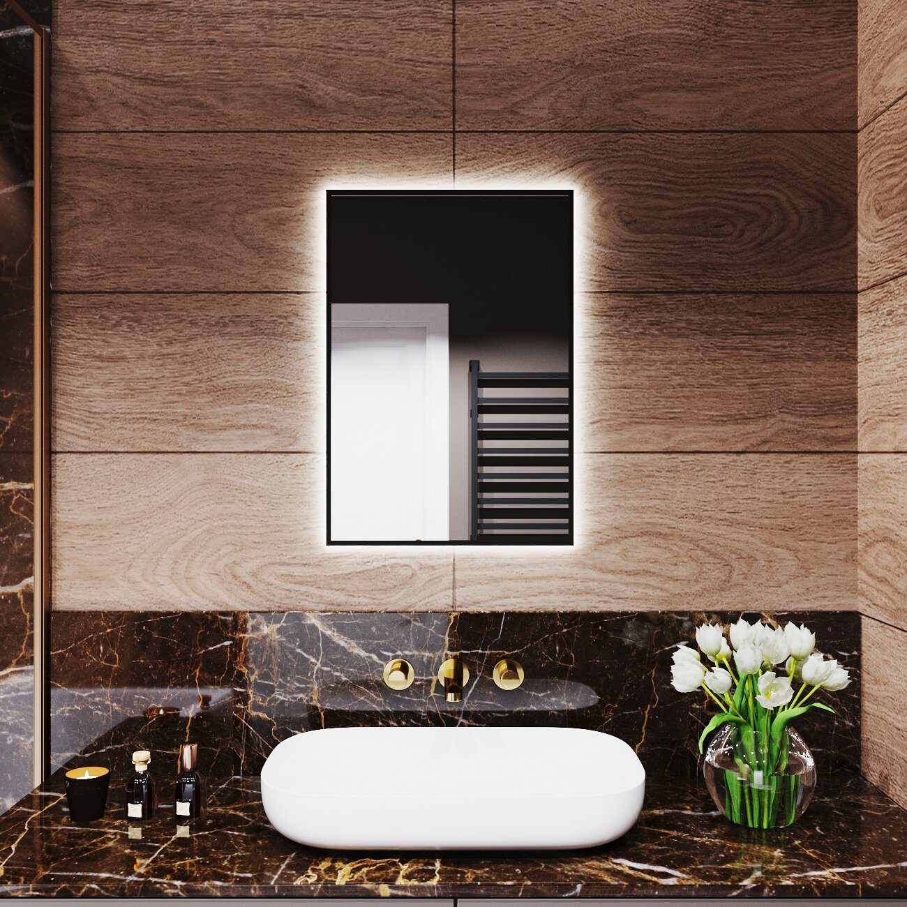 Зеркало с подсветкой в алюминиевой раме настенное Market-house 60х50 см. Свет: Нейтральный белый 6000К. Черное