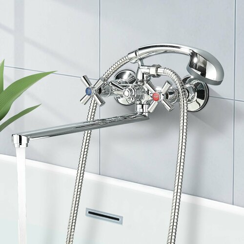 Смеситель для ванны с душем/ длинным изливом/ двухвентильный/ кран в ванную хром
