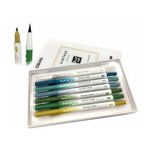 Скетч-маркеры BRUSH 7 шт. 6цв. Акварельные DS-15/WDS-9 Винтажные двусторонние зеленые (кисть+пулевидный) + блендер №2002D (1/6/96)