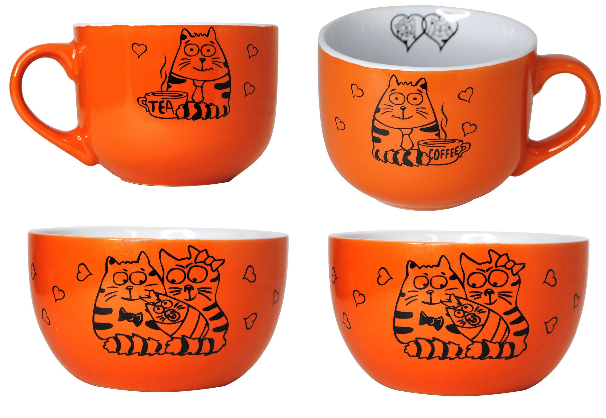 Набор столовой посуды с котами - 2 чашки 450 мл. и 2 салатника 700 мл. "Коты, котики, котейки" 4 предмета