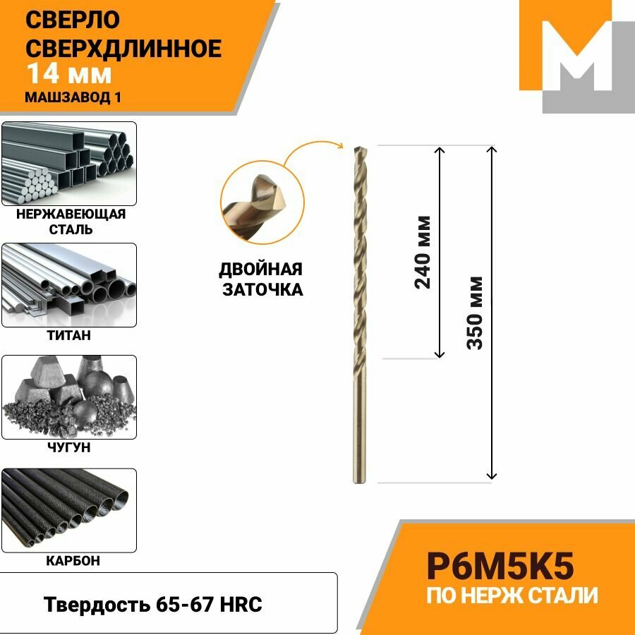 Сверло по металлу кобальтовое 14,0 мм - 1 шт. Р6М5К5 Сверхдлинное