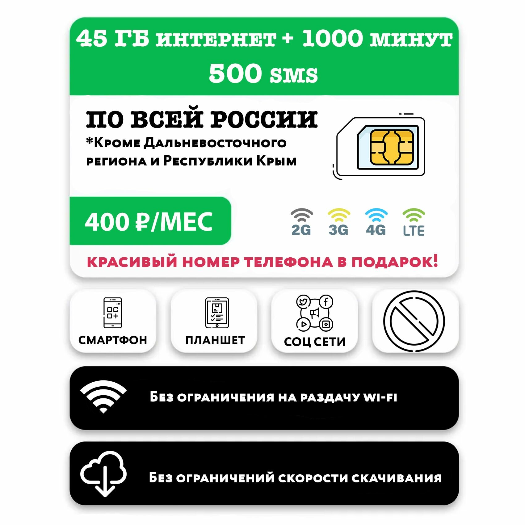 SIM-карта 1000 минут + 45 гб интернета 3G/4G/LTE + 500 SMS за 400 руб/месяц (смартфоны и планшеты) + красивый номер