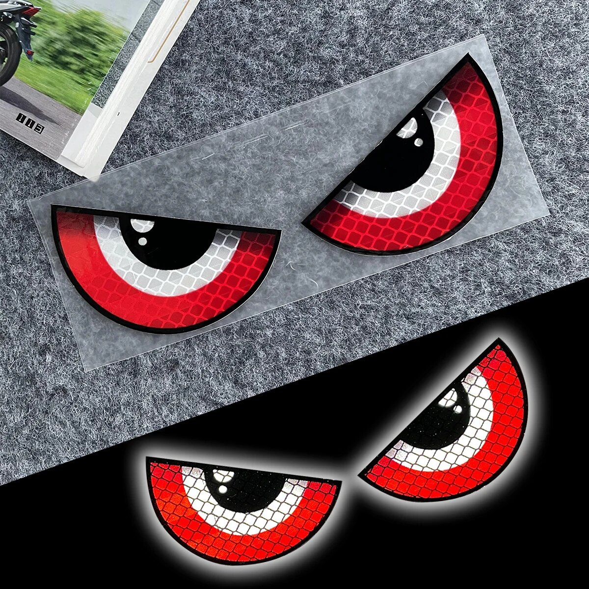 Светоотражающие предупреждающие наклейки Grin Eyes для безопасности мотоцикла, декор для мотоцикла, велосипеда, скутера, тела, лобового стекла, шлема, заднего ящика, наклейки, аксессуары, B Red(14.6x5.3cm)