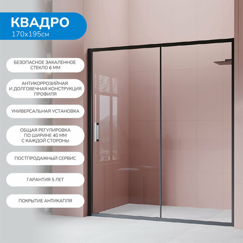 Душевая дверь в нишу 170х195 см Квадро покрытие Антикапля стекло прозрачное профиль черный 31200₽