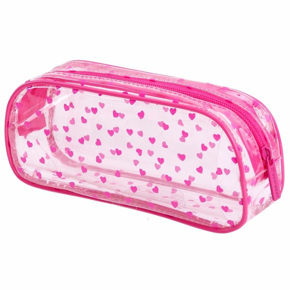 Пенал-косметичка Brauberg Lucent, на молнии, прозрачный, "Hearts", 21х5х9 см