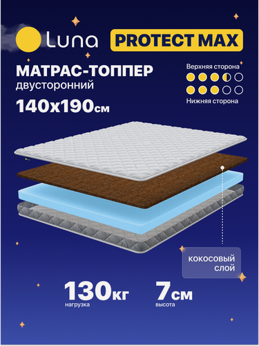 Изображение товара Матрас-топпер Luna Protect Max 140х190 см, с кокосовой койрой, двухсторонний с разной жесткостью сторон, высота 7 см