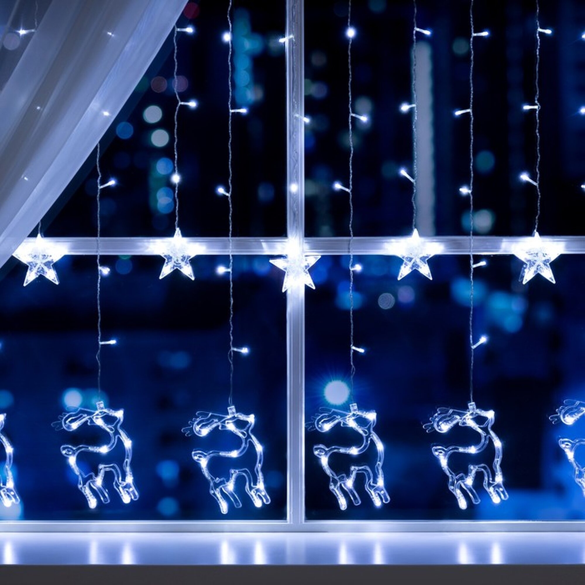 Гирлянда «Бахрома» 2.4 × 0.9 м с насадками «Олень» IP20 прозрачная нить 138 LED свечение белое 8 режимов 220 В