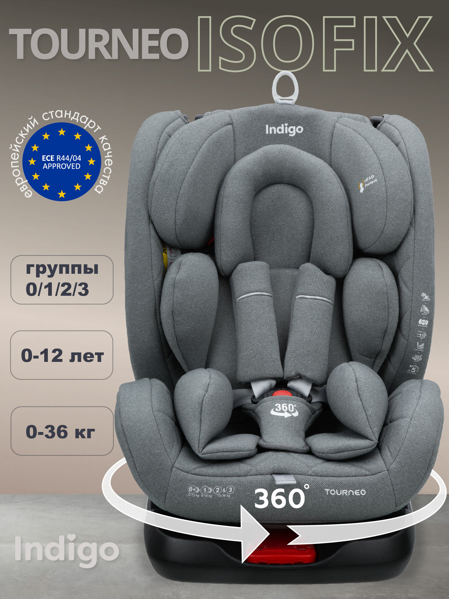 Автокресло Indigo Tourneo ISOFIX растущее поворотное, 0-36 кг, светло-серый