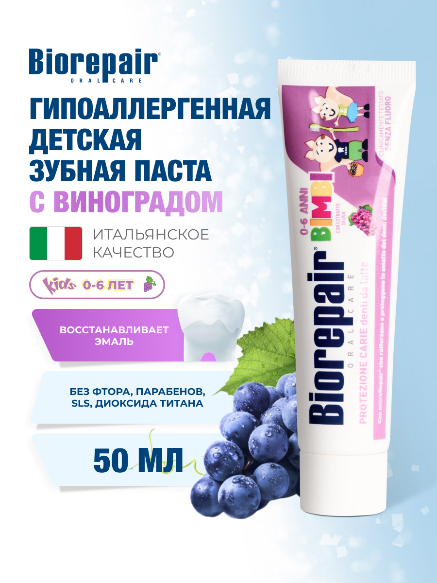 Зубная паста Biorepair Kids с экстрактом винограда для детей от 0 до 6 лет, 50 мл