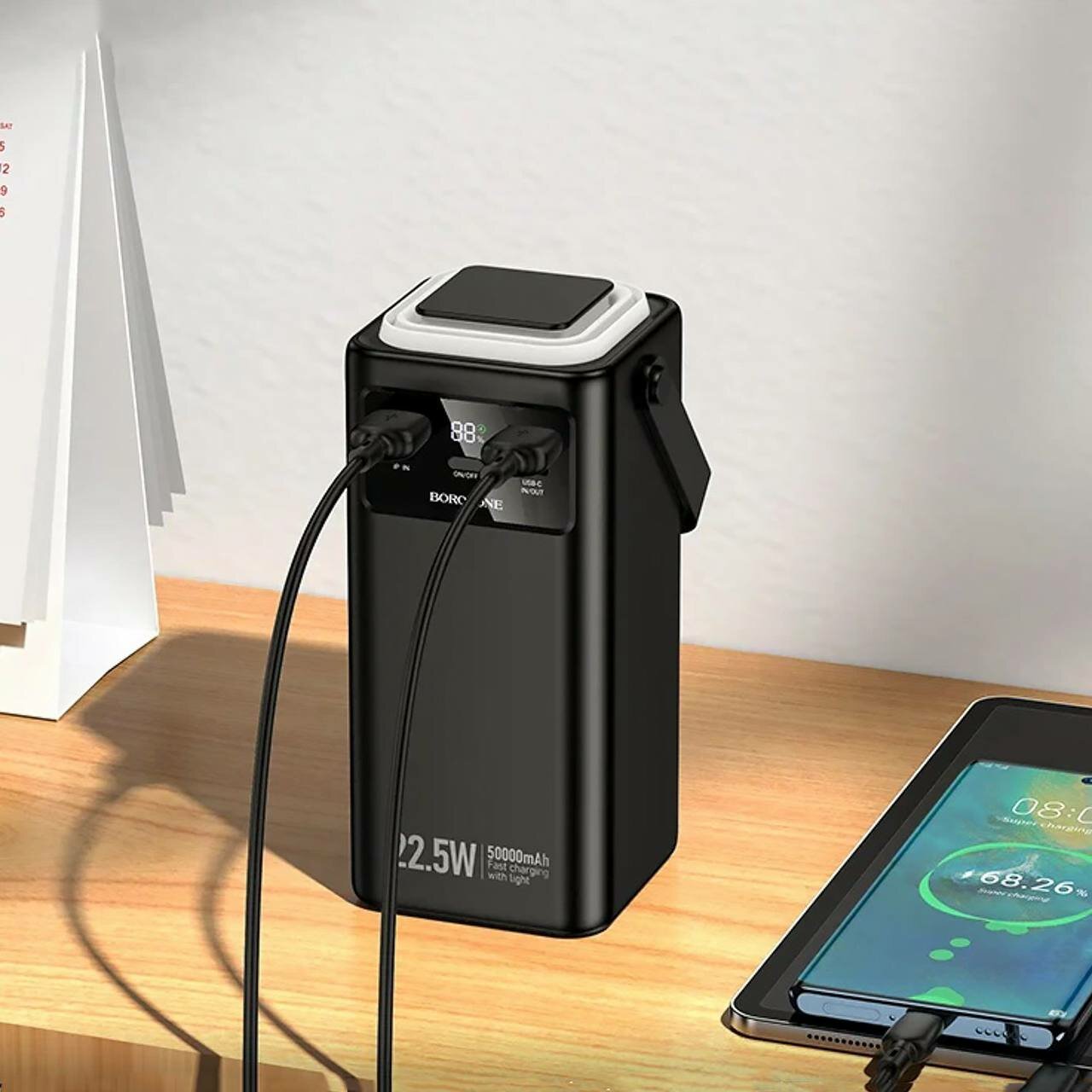 Портативный аккумулятор BOROFONE BJ65A 50000mAh, 22.5W + PD20W, 4 встроенных кабеля, чёрный
