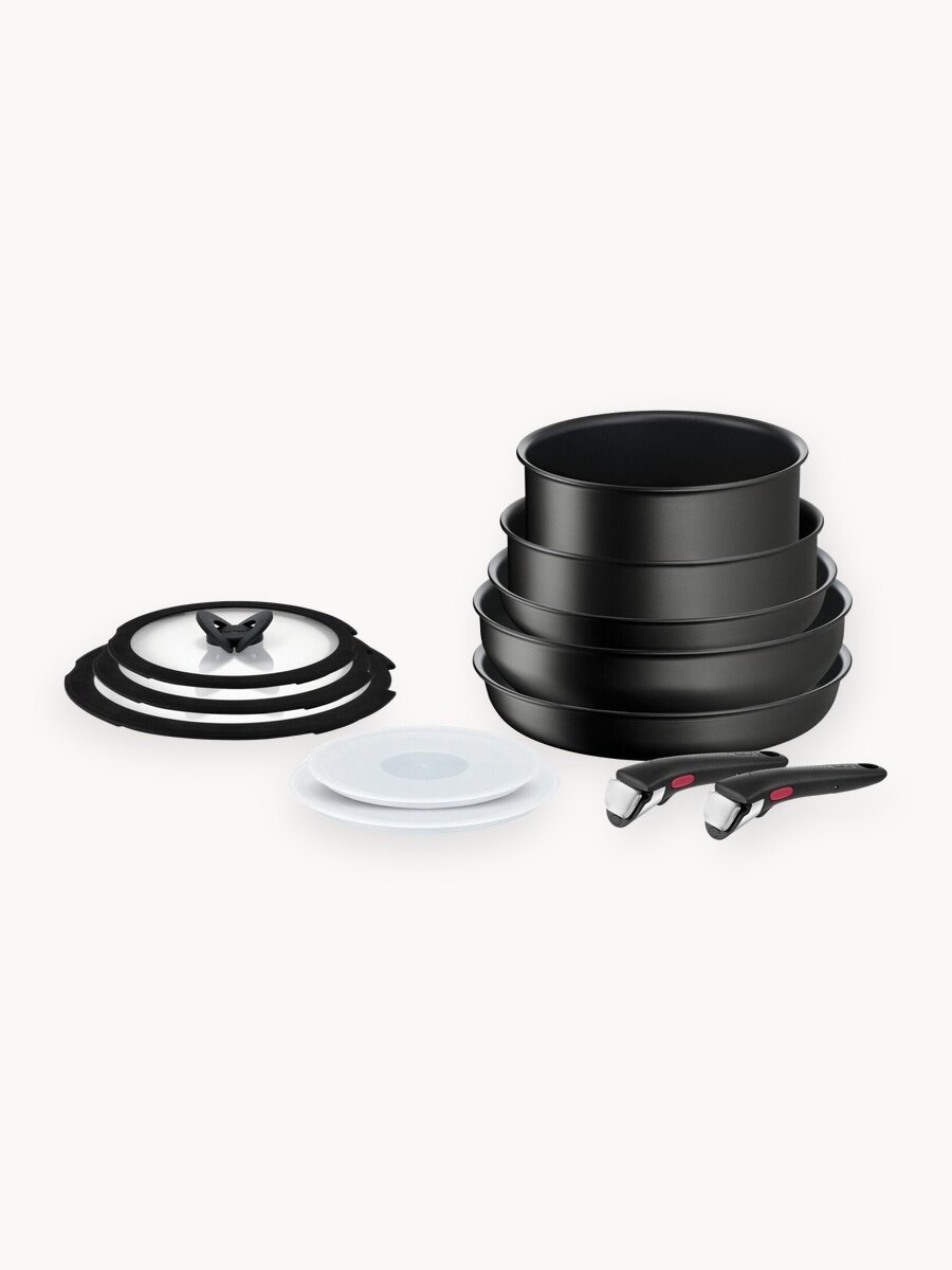 Набор посуды для приготовления 12 предметов Tefal Ingenio Exception Noir: сковороды 26/28, вок 28, сотейник 24, ковш 22, крышки 5 шт, съемные ручки 2 шт, антипригарное покрытие, для индукционных плит