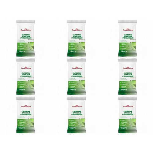 В каждый дом Влажные салфетки, Зеленый чай, очищающие, 15 штук в упаковке, 9 уп /