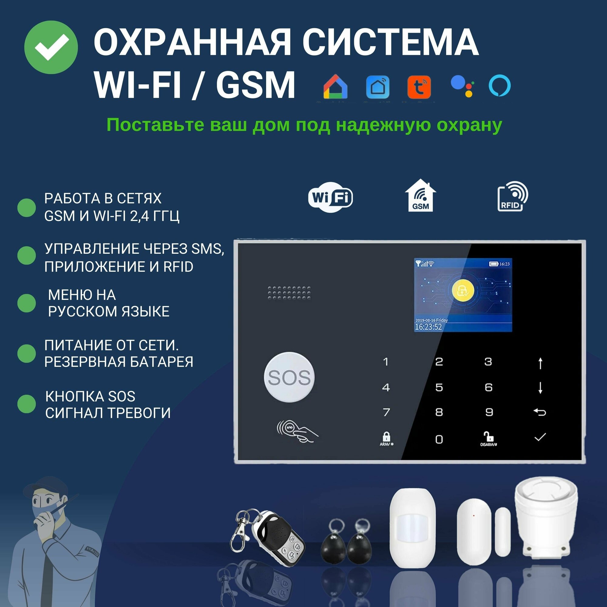 Wi-Fi GSM Охранная сигнализация для дома и офиса, с системой умный дом Smart Life (Tuya), 4 ИК датчика и 4 датчика открытия двери (окна)