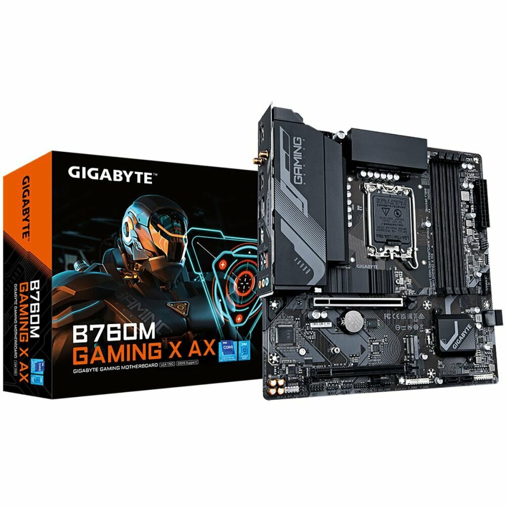 Материнская плата Gigabyte B760M GAMING X AX, Socket 1700, IntelB760, 4xDDR5-4800, HDMI+DP, 2xPCI-Ex16, 4xSATA3(RAID 0/1/5/10), 2xM.2, 8Ch Audio, 2.5GbLan, (4+4)xUSB2.0, (4+2)xUSB3.2, (0+1)xUSB3.2 Type-C, mATX, RTL