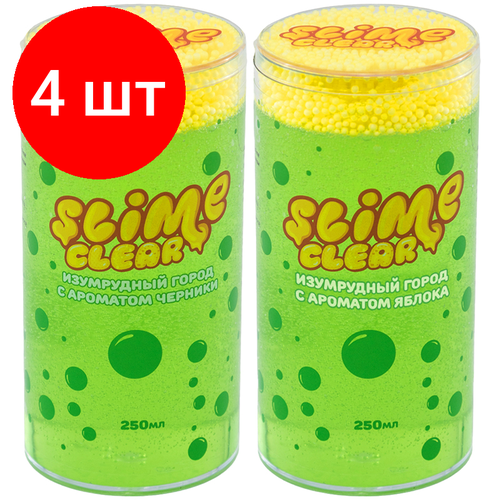 Комплект 4 шт, Слайм Slime Clear-slime. Изумрудный город, зеленый, с пенопласт. шариками, аромат ассорти, 250г