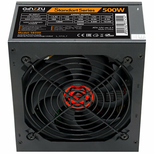 БП Ginzzu SB500 ATX v2.3, 500W, 120mm, 24+4pin, 3xSATA, 3xMolex, Black OEM (708201)