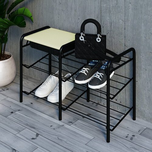 Обувница для прихожей с сиденьем и ящиком Уклад узкая металлическая Цвет черный