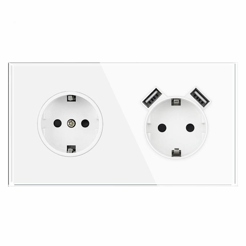фото Розетка двойная с 2 USB-портами, 16А 250В, со шторками, рамка закаленное стекло, цвет белый