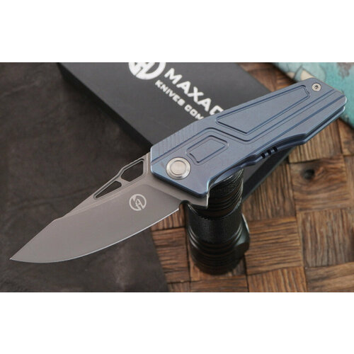 фото Складной нож maxace panzer, синяя рукоять , серый клин, сталь 14c28n mpz06