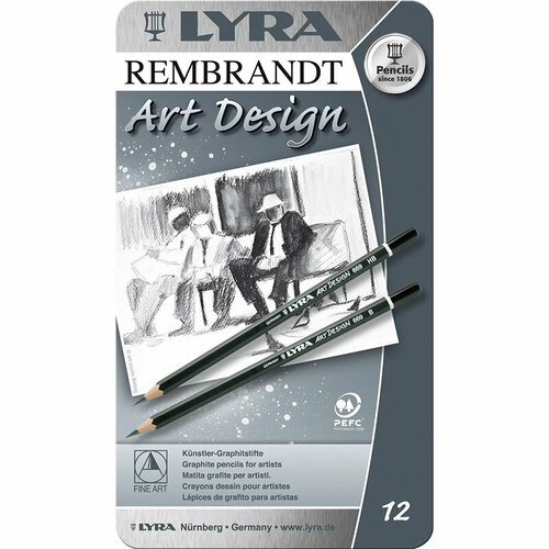 карандаш чернографитовый lyra rembrandt art design премиальный 5h Набор карандашей графитных Lyra Rembrandt Art Design, 12 штук Металлическая коробка.