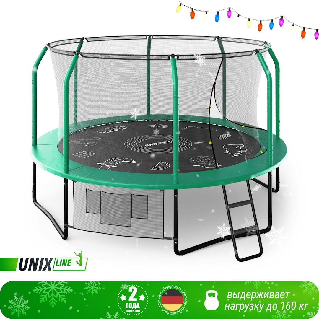 Батут UNIX Line SUPREME GAME 12 ft (green) новая комплектация. Мелки для рисования в комплекте.