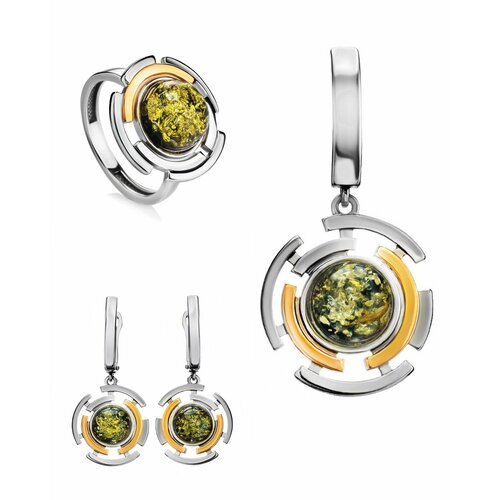 фото Комплект бижутерии: серьги, кольцо, подвеска, янтарь, зеленый amberhandmade