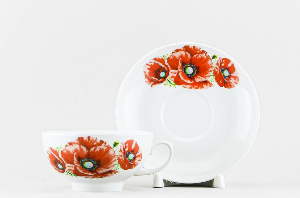 фото Пара чайная фарфоровая 220 мл. Дулево "Маки" ф. Рубин