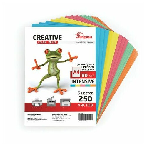 Бумага цветная CREATIVE color, А4, 80 г/м2, 250 л, (5 цветов х 50 л.), микс интенсив, БИpr-250r