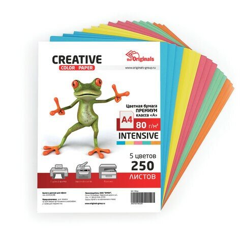 Бумага цветная CREATIVE color, А4, 80 г/м2, 250 л, (5 цветов х 50 л.), микс интенсив, БИpr-250r